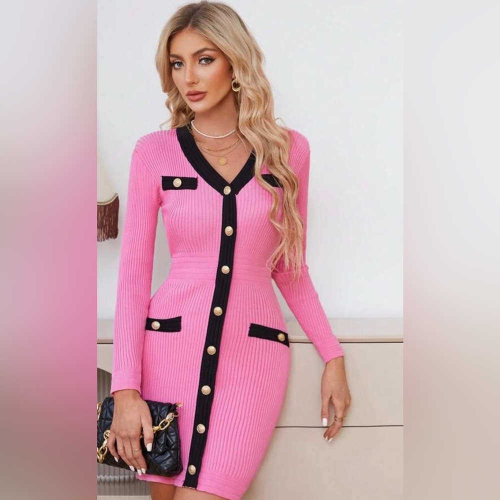 Pink bodycon fitted mini dress with black detail and gold buttons